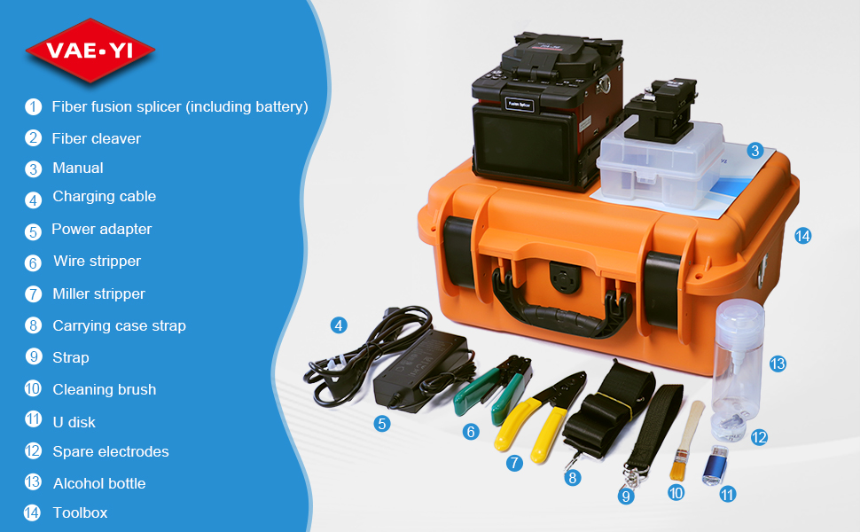 VAEYI FA-36 fiber fusion splicer complete kit with cleaver battery charging cable and orange protective carrying case