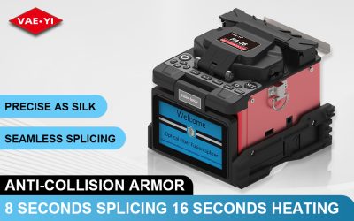 VAEYI FA-36 fiber optic fusion splicer front view showing 4.3-inch display screen and splicing area for FTTH installations