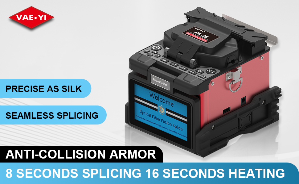 VAEYI FA-36 fiber optic fusion splicer front view showing 4.3-inch display screen and splicing area for FTTH installations