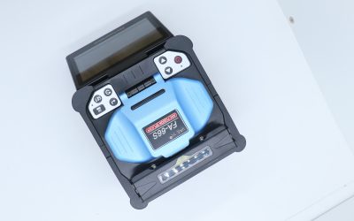 VAEYI FA-66S six-motor core alignment fusion splicer front view showing blue body and 5-inch touchscreen display